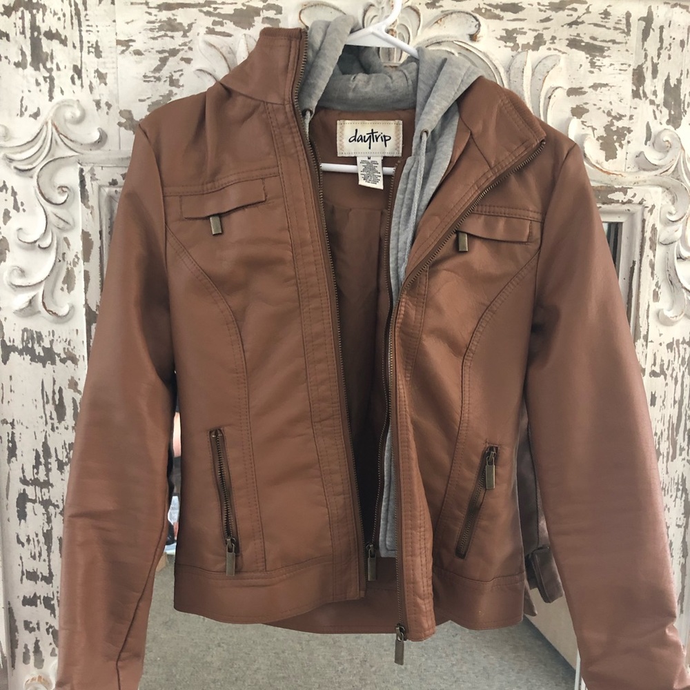 Leather jacket with hood